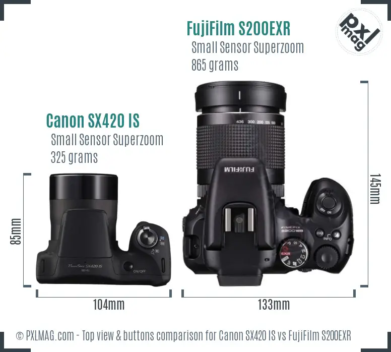Canon SX420 IS vs FujiFilm S200EXR top view buttons comparison