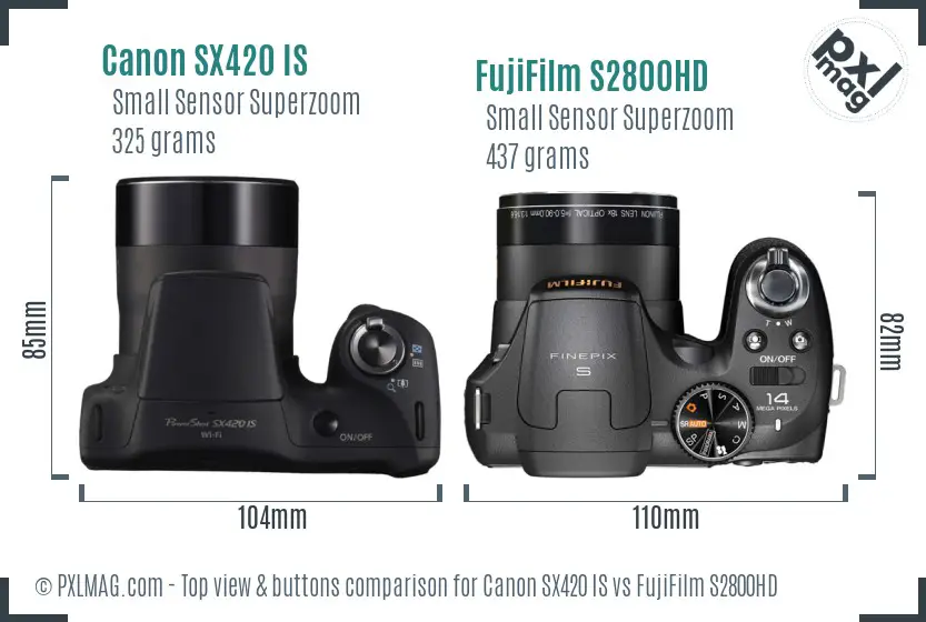 Canon SX420 IS vs FujiFilm S2800HD top view buttons comparison