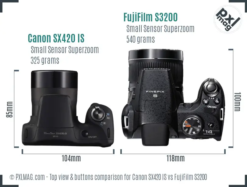 Canon SX420 IS vs FujiFilm S3200 top view buttons comparison