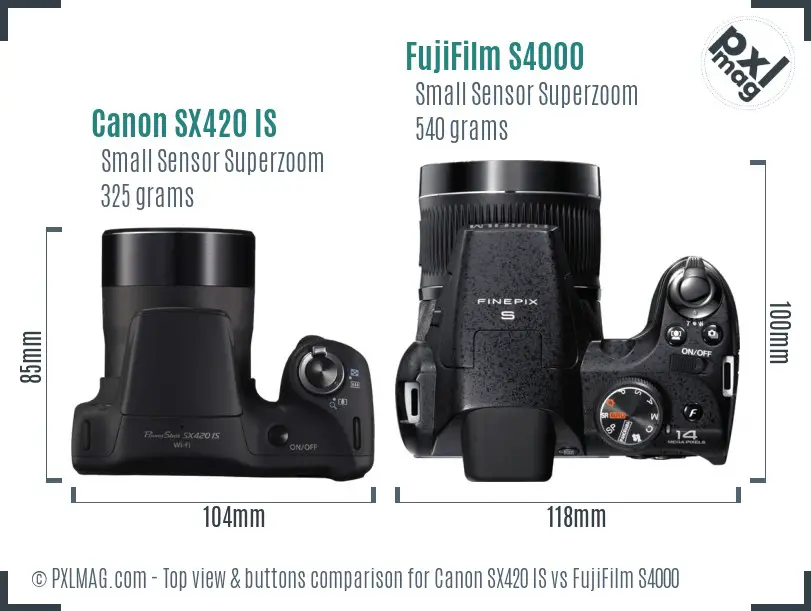 Canon SX420 IS vs FujiFilm S4000 top view buttons comparison
