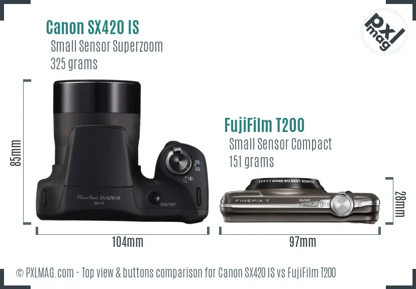 Canon SX420 IS vs FujiFilm T200 top view buttons comparison Canon SX420 IS vs FujiFilm T200 top view buttons comparison