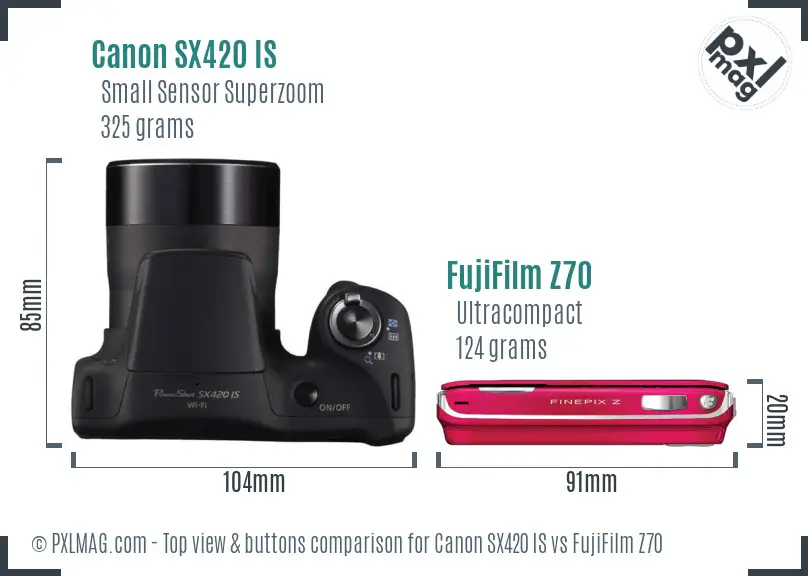 Canon SX420 IS vs FujiFilm Z70 top view buttons comparison