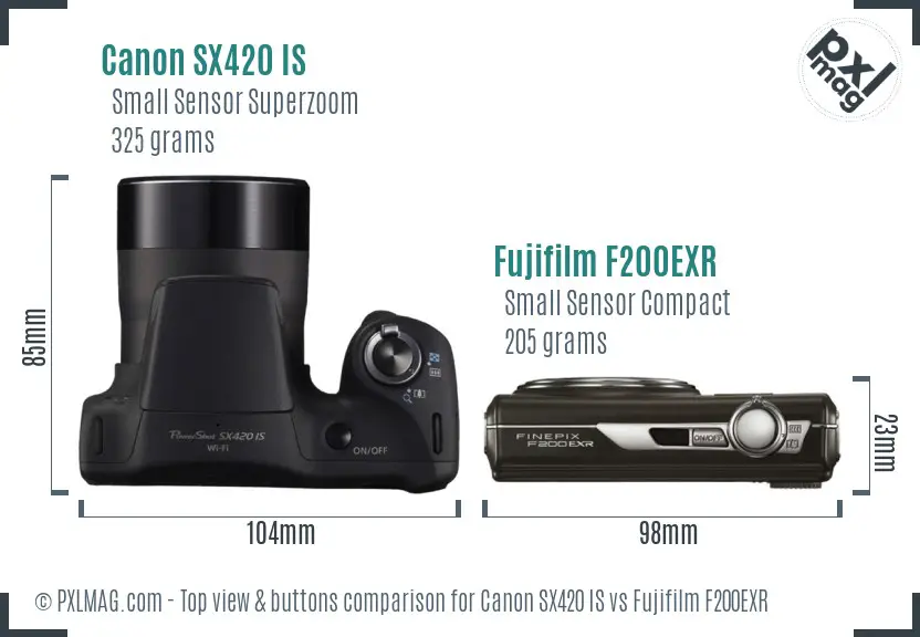 Canon SX420 IS vs Fujifilm F200EXR top view buttons comparison