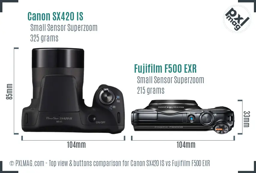 Canon SX420 IS vs Fujifilm F500 EXR top view buttons comparison Canon SX420 IS vs Fujifilm F500 EXR top view buttons comparison