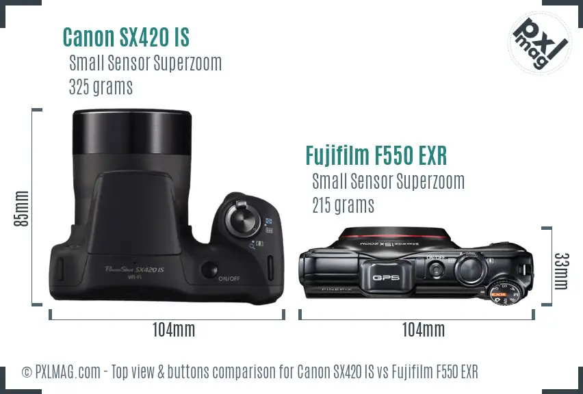 Canon SX420 IS vs Fujifilm F550 EXR top view buttons comparison