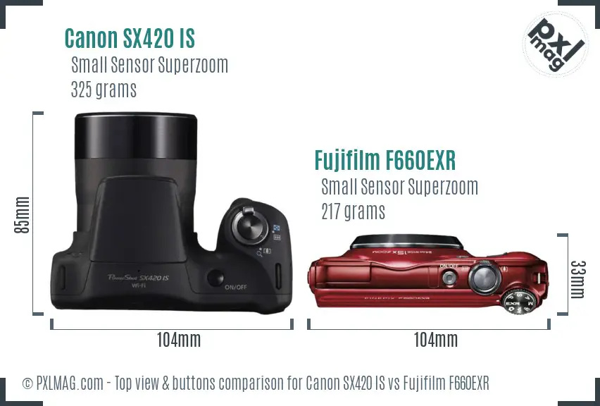 Canon SX420 IS vs Fujifilm F660EXR top view buttons comparison