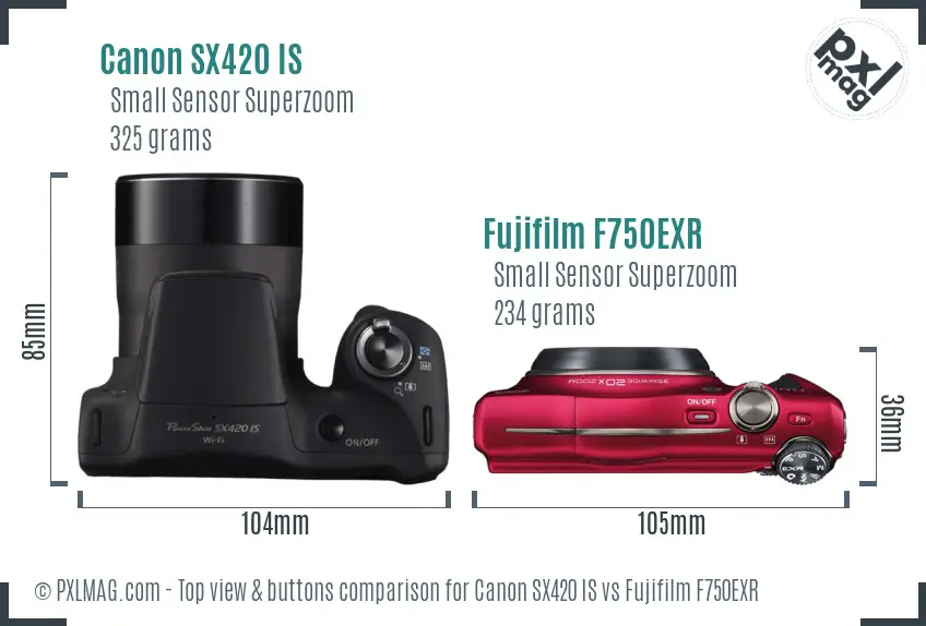 Canon SX420 IS vs Fujifilm F750EXR top view buttons comparison