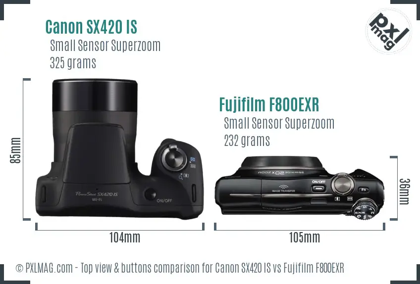 Canon SX420 IS vs Fujifilm F800EXR top view buttons comparison