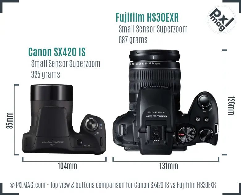 Canon SX420 IS vs Fujifilm HS30EXR top view buttons comparison