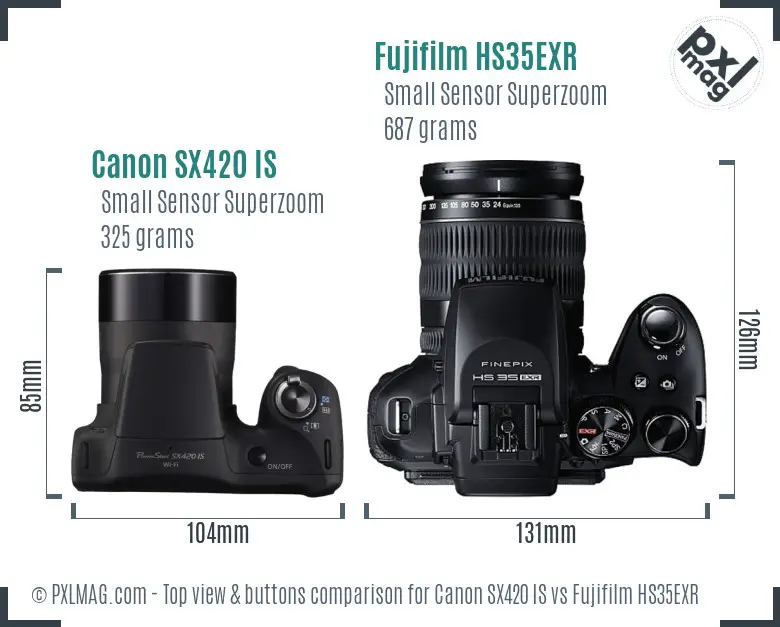 Canon SX420 IS vs Fujifilm HS35EXR top view buttons comparison