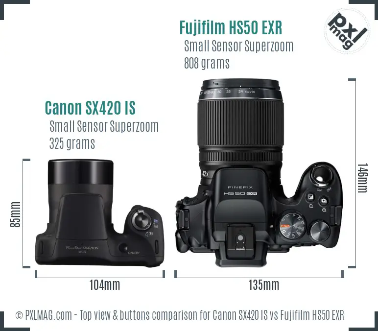 Canon SX420 IS vs Fujifilm HS50 EXR top view buttons comparison