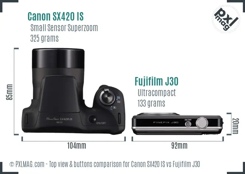 Canon SX420 IS vs Fujifilm J30 top view buttons comparison