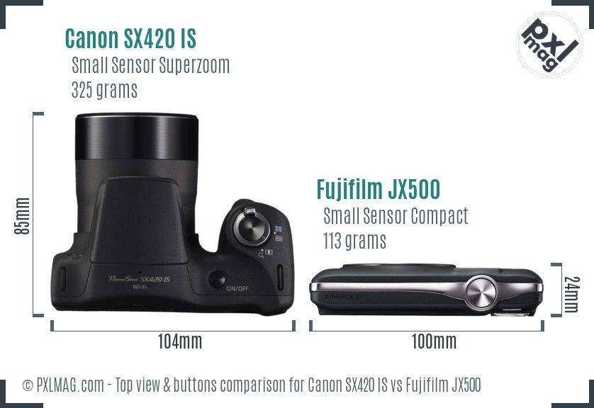 Canon SX420 IS vs Fujifilm JX500 top view buttons comparison
