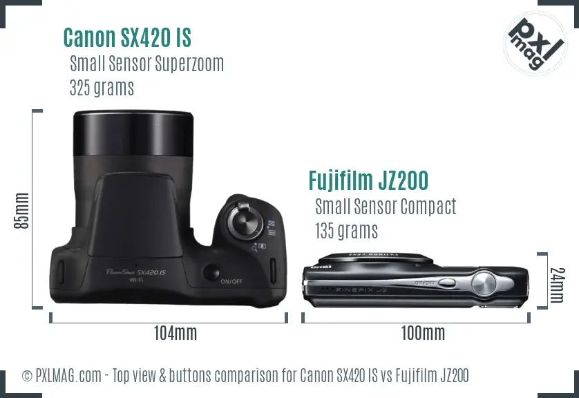Canon SX420 IS vs Fujifilm JZ200 top view buttons comparison