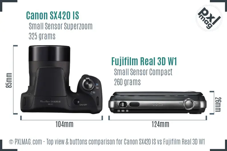Canon SX420 IS vs Fujifilm Real 3D W1 top view buttons comparison