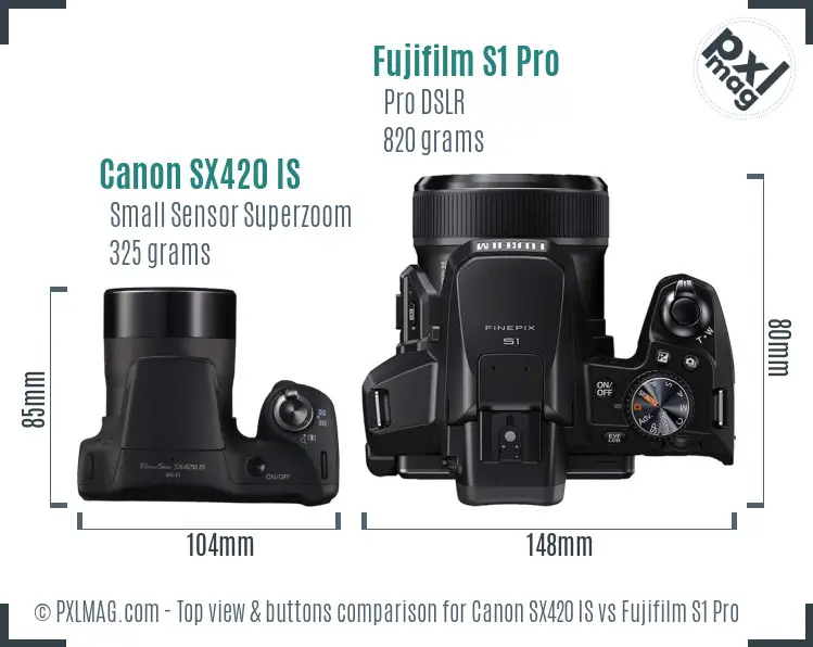Top view of Canon SX420 IS and Fujifilm S1 Pro showing buttons and dials