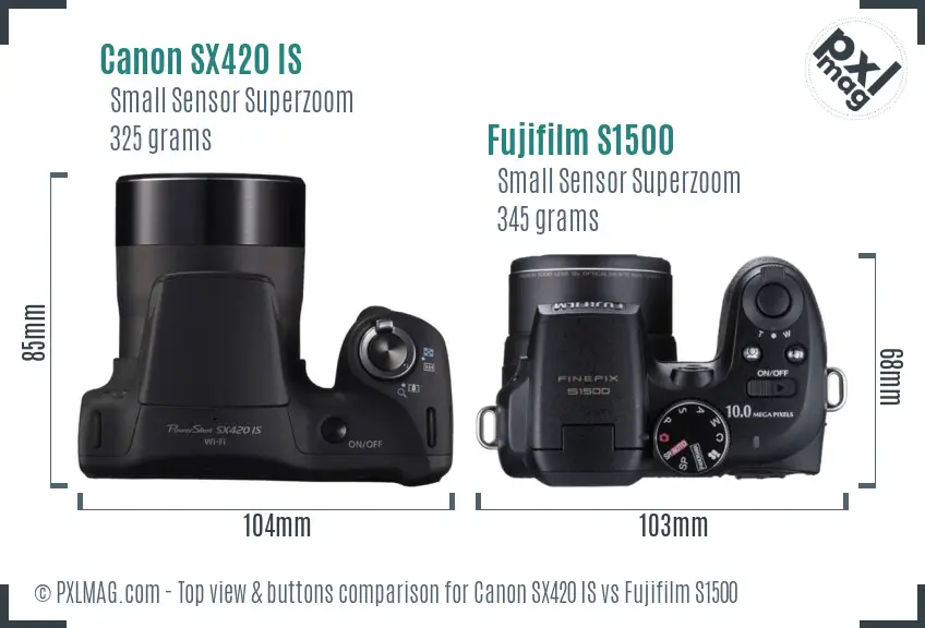 Canon SX420 IS vs Fujifilm S1500 top view buttons comparison Canon SX420 IS vs Fujifilm S1500 top view buttons comparison
