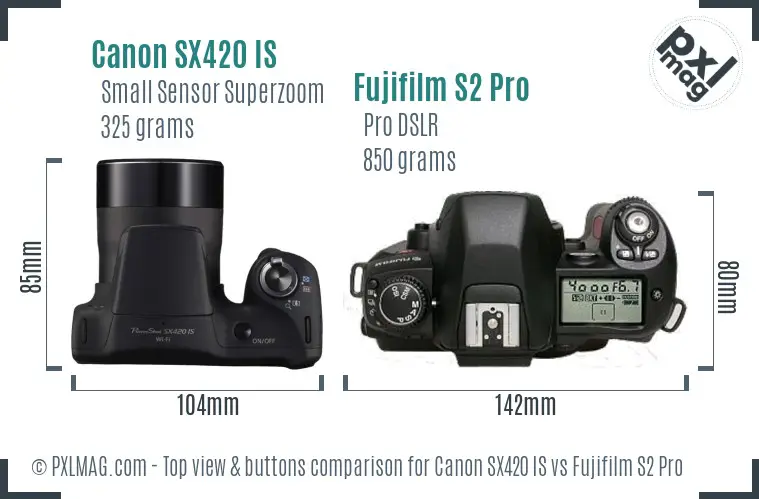 Canon SX420 IS vs Fujifilm S2 Pro top view buttons comparison