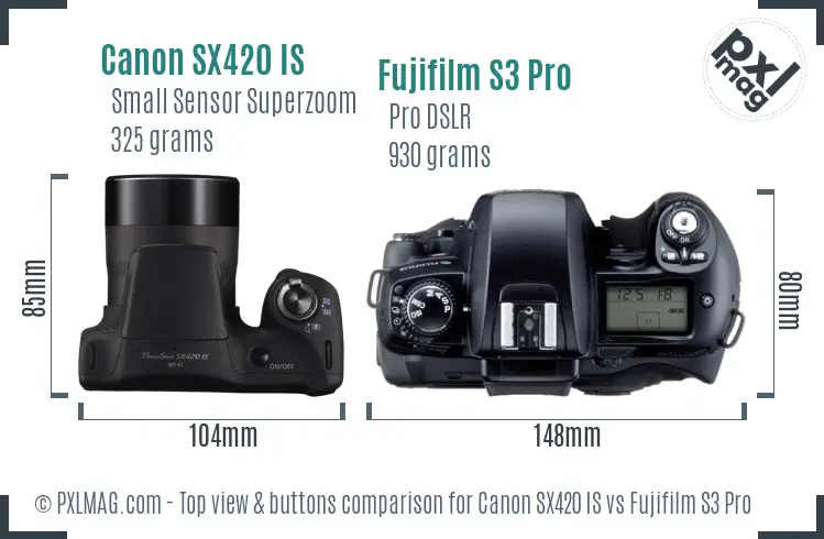 Canon SX420 IS vs Fujifilm S3 Pro top view buttons comparison