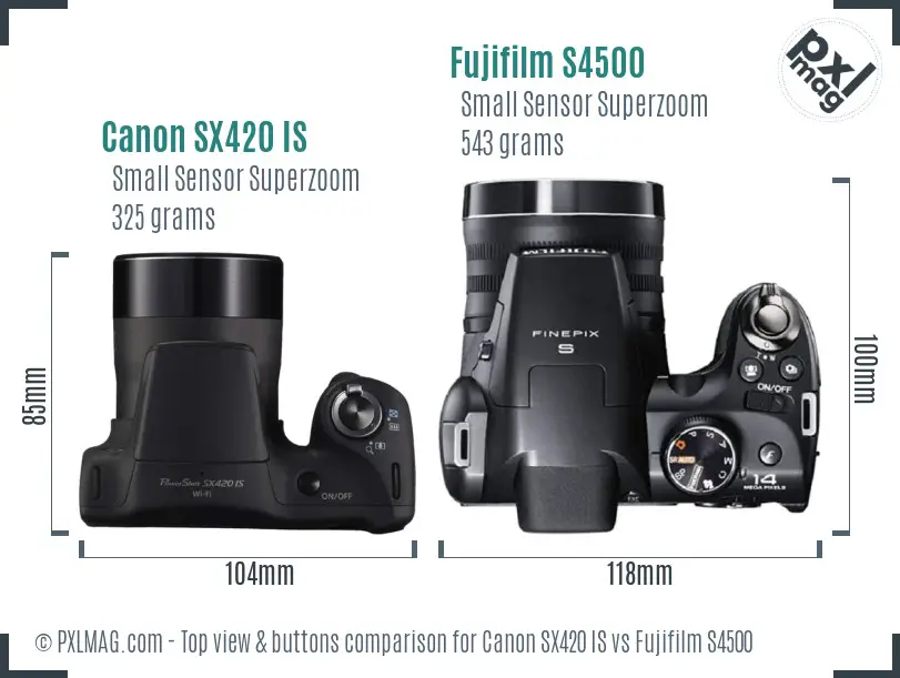 Canon SX420 IS vs Fujifilm S4500 top view buttons comparison