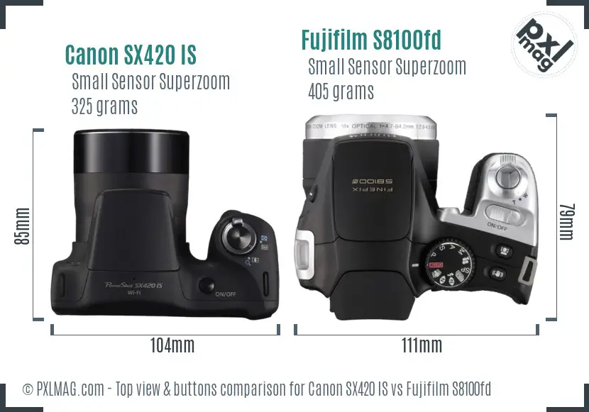 Canon SX420 IS vs Fujifilm S8100fd top view buttons comparison