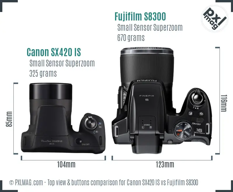 Canon SX420 IS vs Fujifilm S8300 top view buttons comparison