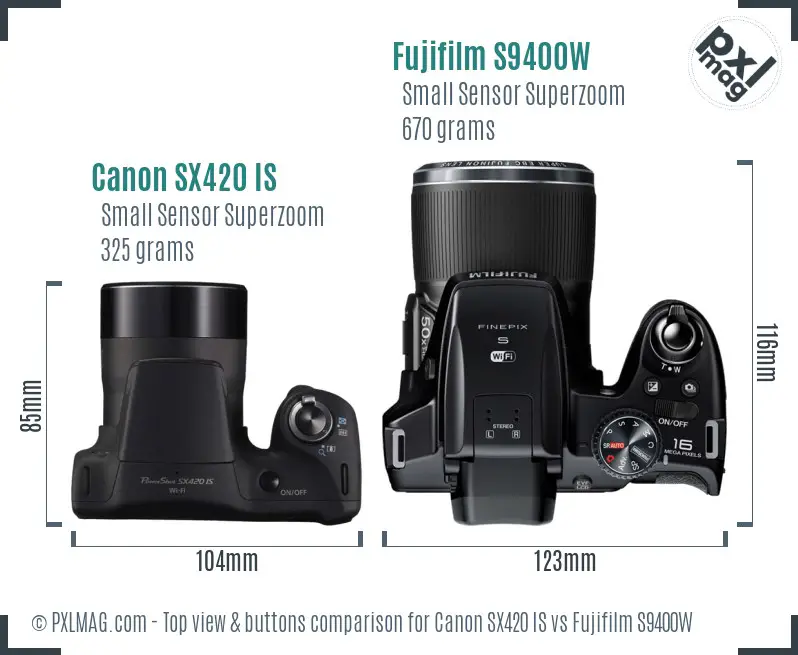 Canon SX420 IS vs Fujifilm S9400W top view buttons comparison