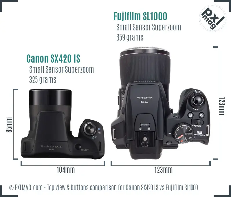Canon SX420 IS vs Fujifilm SL1000 top view buttons comparison