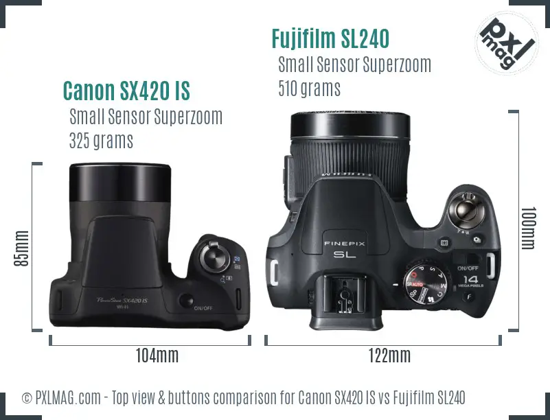 Canon SX420 IS vs Fujifilm SL240 top view buttons comparison Canon SX420 IS vs Fujifilm SL240 top view buttons comparison