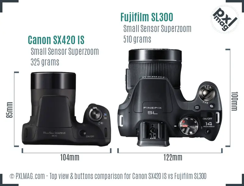 Canon SX420 IS vs Fujifilm SL300 top view buttons comparison