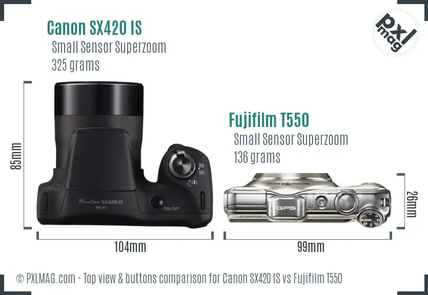 Canon SX420 IS vs Fujifilm T550 top view buttons comparison