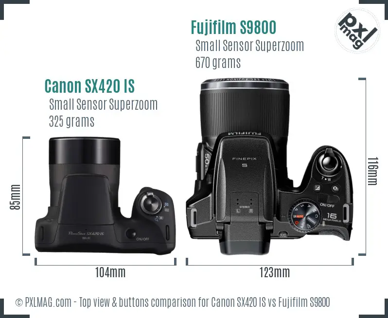 Canon SX420 IS vs Fujifilm S9800 top view buttons comparison