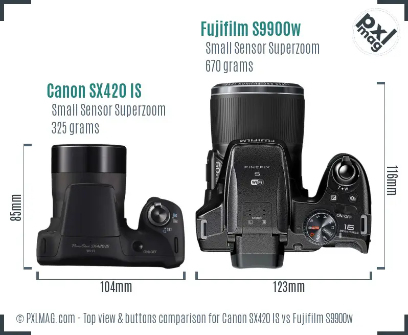 Canon SX420 IS vs Fujifilm S9900w top view buttons comparison