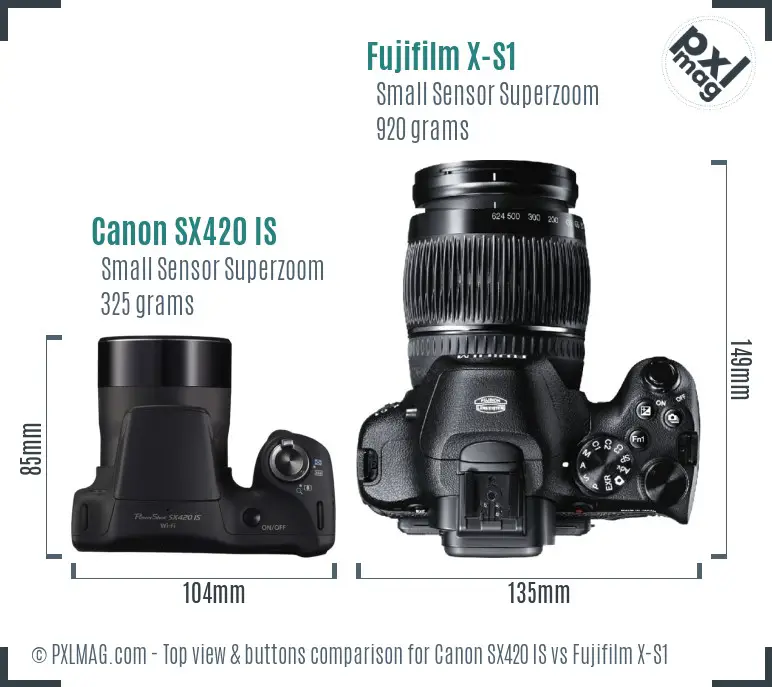 Canon SX420 IS vs Fujifilm X-S1 top view buttons comparison Canon SX420 IS vs Fujifilm X-S1 top view buttons comparison