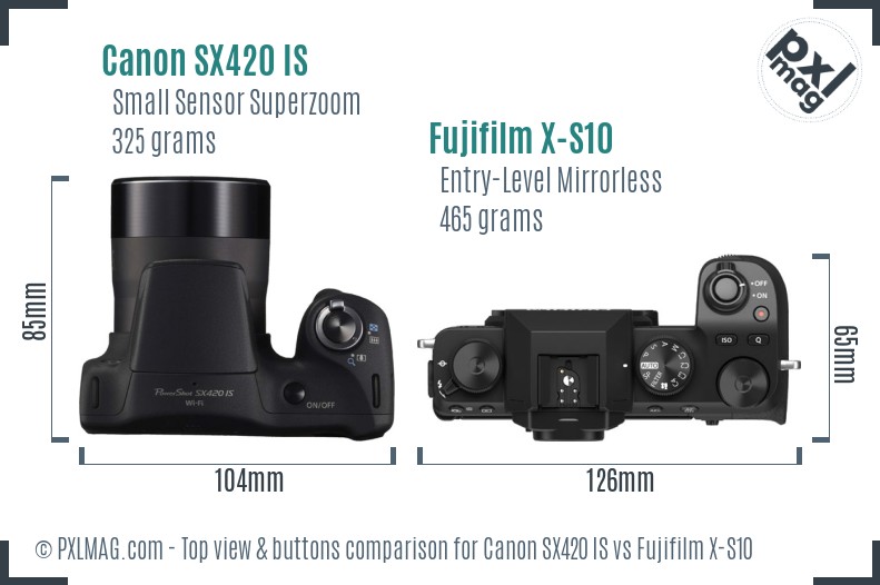 Canon SX420 IS vs Fujifilm X-S10 top view buttons comparison