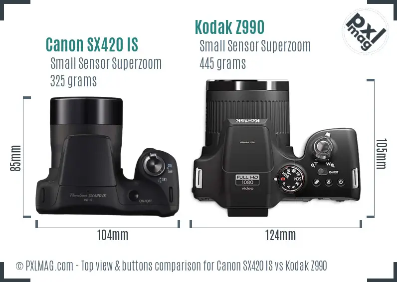 Canon SX420 IS vs Kodak Z990 top view buttons comparison