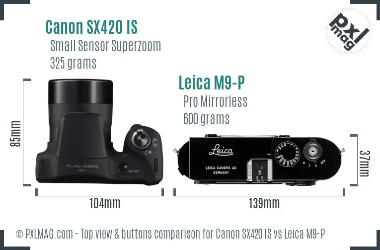 Canon SX420 IS vs Leica M9-P top view buttons comparison