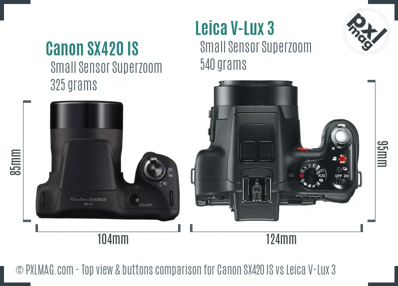 Canon SX420 IS vs Leica V-Lux 3 top view buttons comparison Canon SX420 IS vs Leica V-Lux 3 top view buttons comparison
