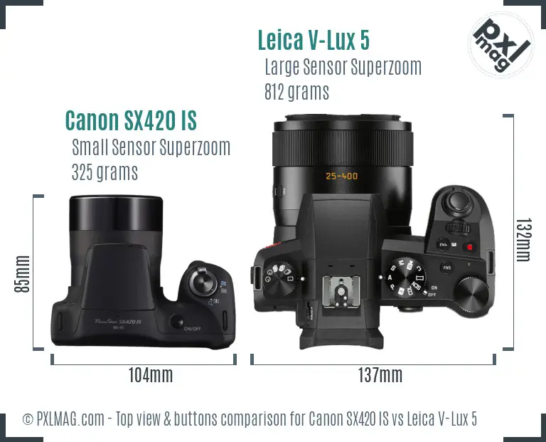 Canon SX420 IS vs Leica V-Lux 5 top view buttons comparison