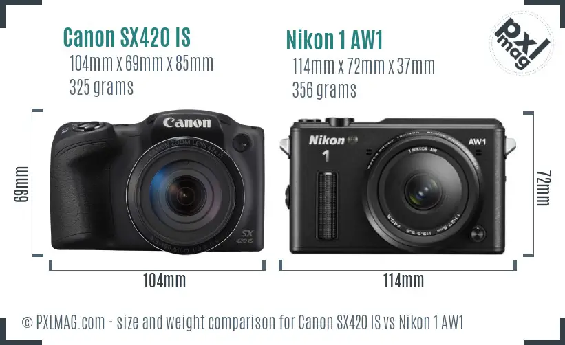 Canon SX420 IS vs Nikon 1 AW1 size comparison