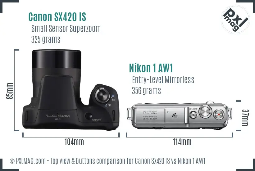 Canon SX420 IS vs Nikon 1 AW1 top view buttons comparison