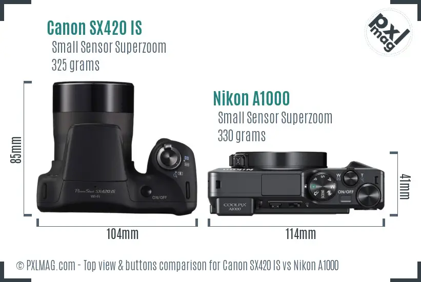 Canon SX420 IS vs Nikon A1000 top view buttons comparison