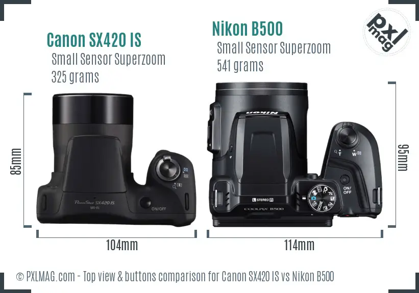Canon SX420 IS vs Nikon B500 top view buttons comparison