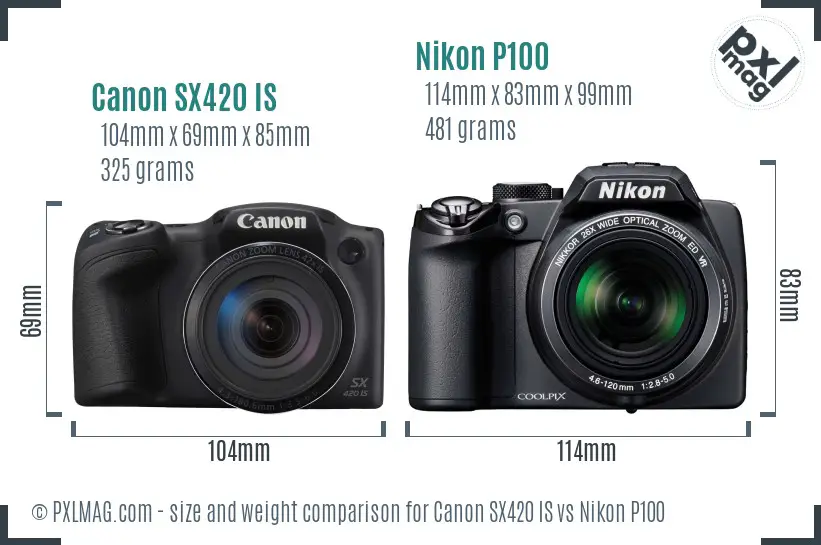 Canon SX420 IS vs Nikon P100 size comparison