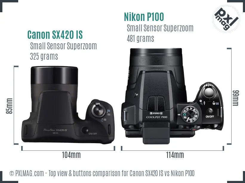 Canon SX420 IS vs Nikon P100 top view buttons comparison