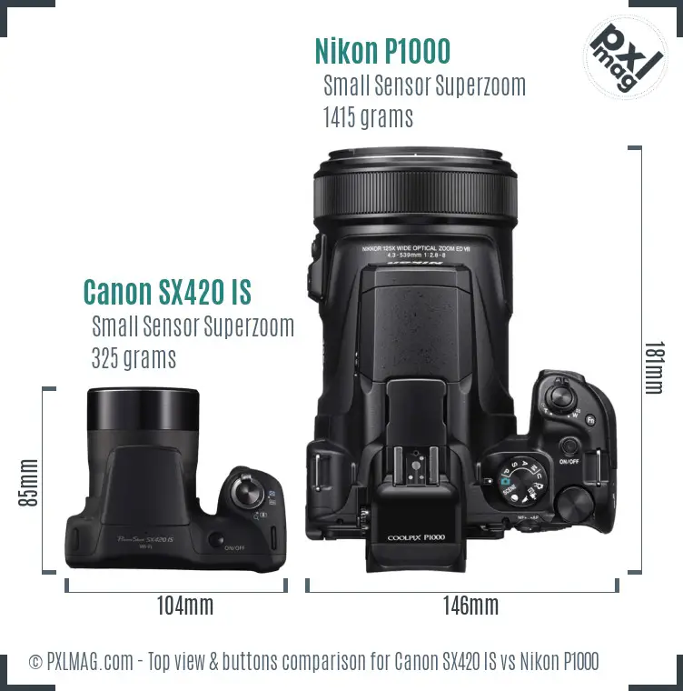 Canon SX420 IS vs Nikon P1000 top view buttons comparison