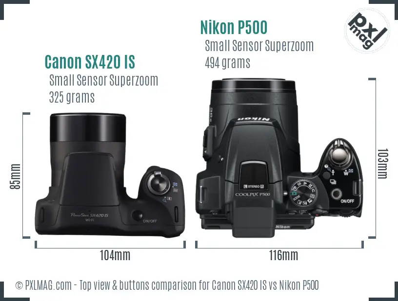 Canon SX420 IS vs Nikon P500 top view buttons comparison