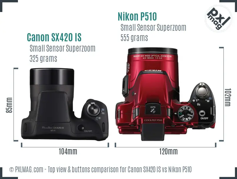 Canon SX420 IS vs Nikon P510 top view buttons comparison