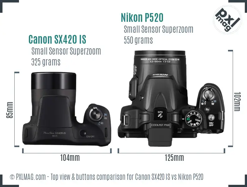 Canon SX420 IS vs Nikon P520 top view buttons comparison