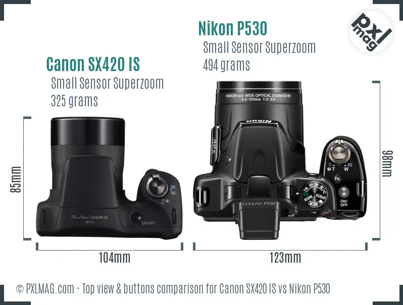 Canon SX420 IS vs Nikon P530 top view buttons comparison Canon SX420 IS vs Nikon P530 top view buttons comparison